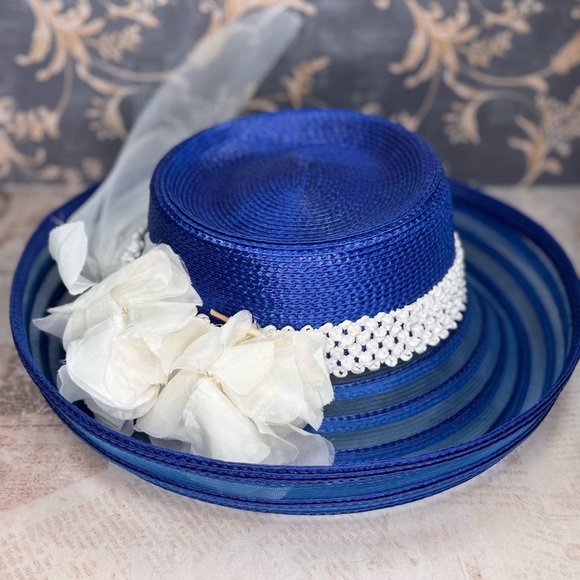Estate Royal Blue Kentucky Derby Wide Brim Hat Mesh Floral Feather main image 6